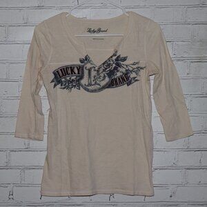 🤍✨ Lucky Brand Cream 3/4‑Sleeve Logo Tee · Size XS